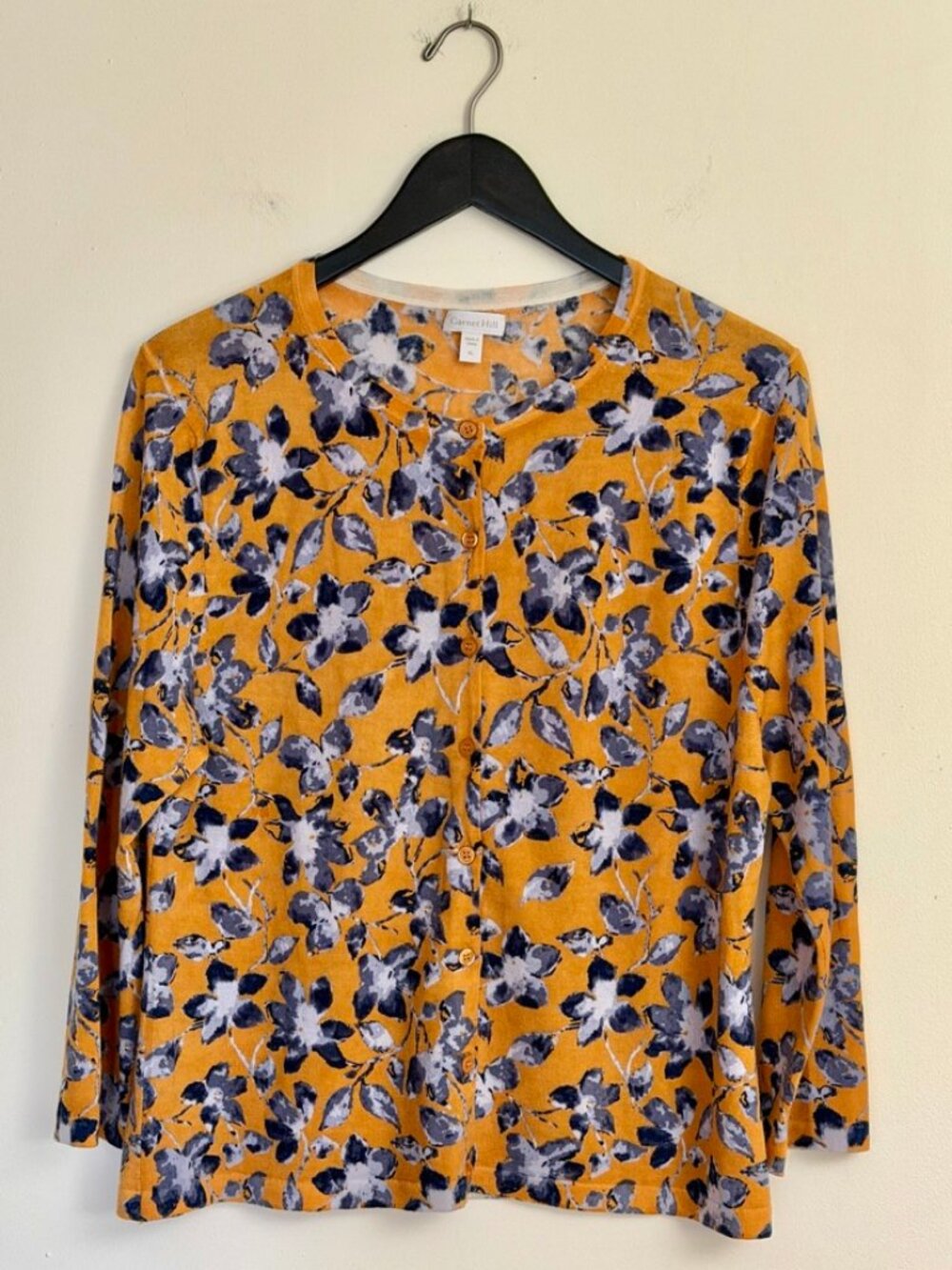Garnet Hill Eco Merino Wool Floral Cardigan Sweater Mustard Gold, XL